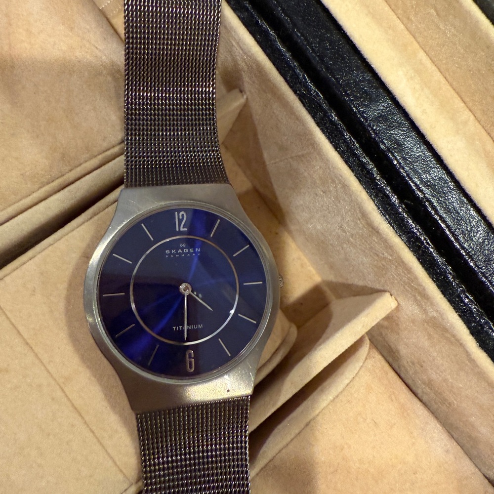 Skagen Titanium Watch with Blue Dial and Brown Mesh Strap